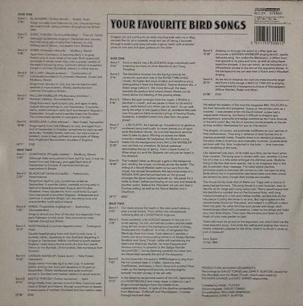 David Tombs, John F. Burton, Eric Simms, Richard Savage (2) : Your Favourite Bird Songs (LP)