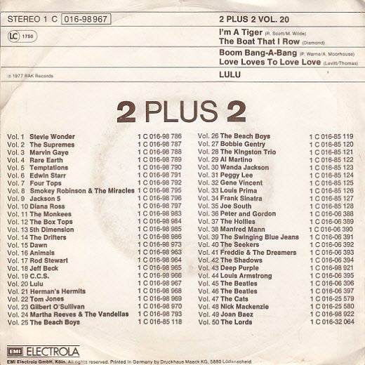 Lulu : I'm A Tiger / The Boat That I Row / Boom Bang-A-Bang / Love Comes To Loves Love (7", EP)