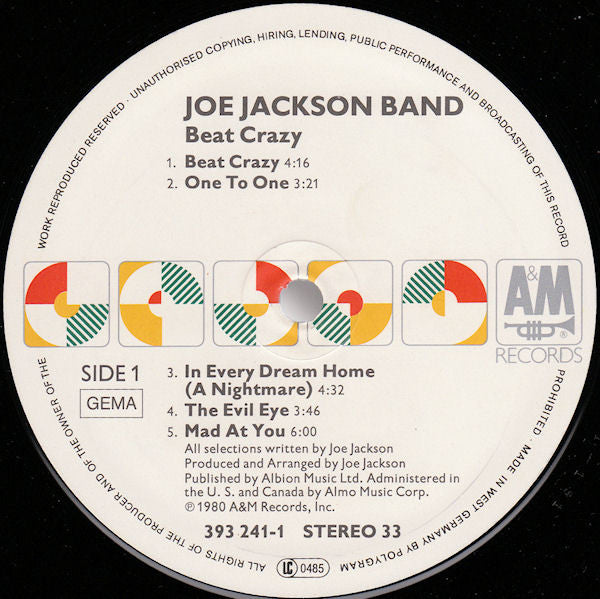 Joe Jackson Band : Beat Crazy (LP, Album, RE, Whi)