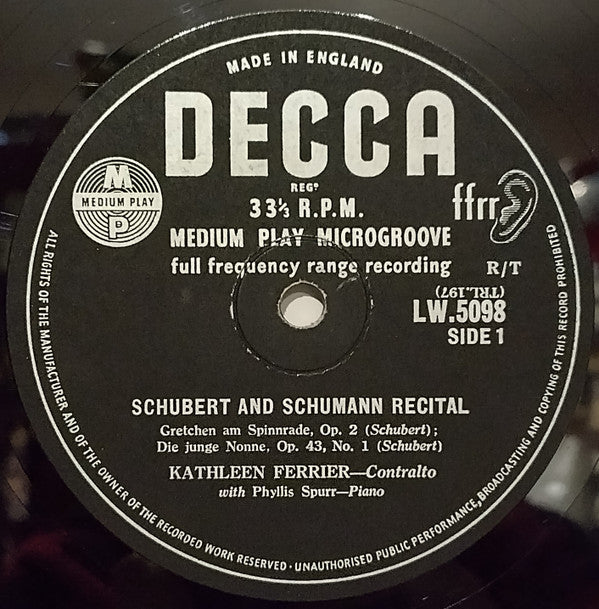 Kathleen Ferrier : Schubert & Schumann Recital (10", RP)
