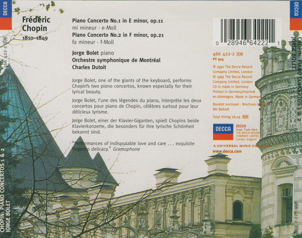 Frédéric Chopin, Jorge Bolet, Charles Dutoit, Orchestre Symphonique De Montréal : Piano Concertos 1 & 2 (CD, Album, RE)