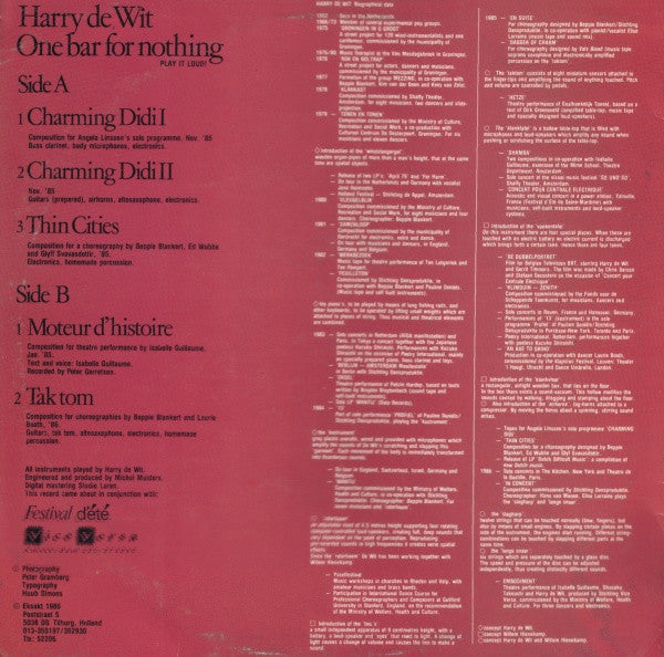 Harry De Wit : One Bar For Nothing (LP, Album)