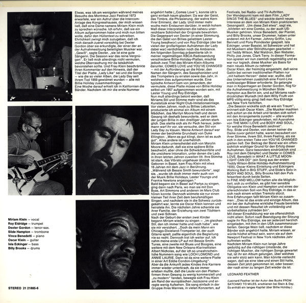 Miriam Klein, Roy Eldridge, Dexter Gordon, Slide Hampton : Lady Like (Miriam Klein Sings Billie Holiday) (LP, Album)