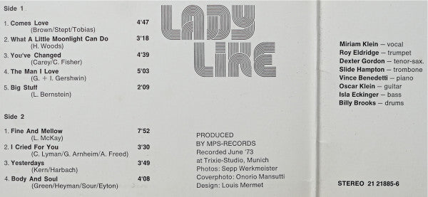 Miriam Klein, Roy Eldridge, Dexter Gordon, Slide Hampton : Lady Like (Miriam Klein Sings Billie Holiday) (LP, Album)