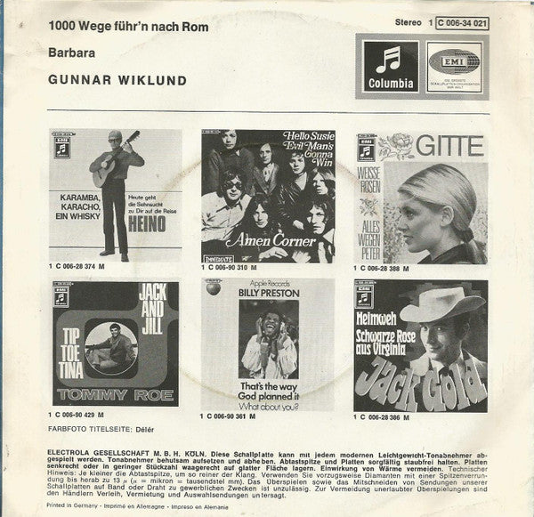Gunnar Wiklund : 1000 Wege Führ‘n Nach Rom (7", Single)