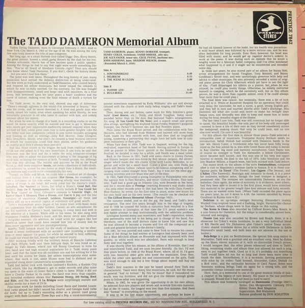 Tadd Dameron : The Tadd Dameron Memorial Album (LP, Album, RE, RM, Pur)