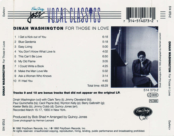 Dinah Washington : For Those In Love (CD, Album, RE)