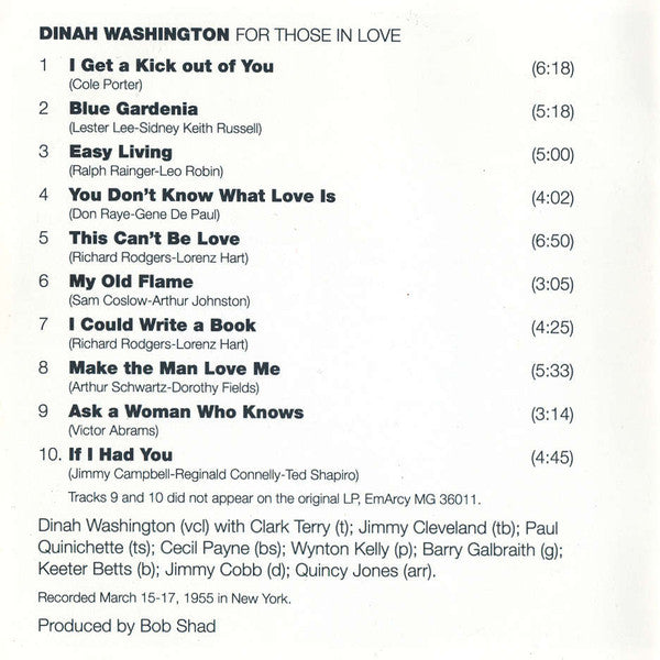 Dinah Washington : For Those In Love (CD, Album, RE)