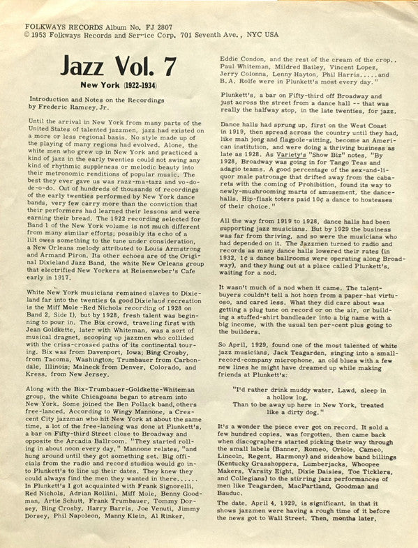 Various : Jazz Volume 7: New York (1922-1934) (LP, Comp)