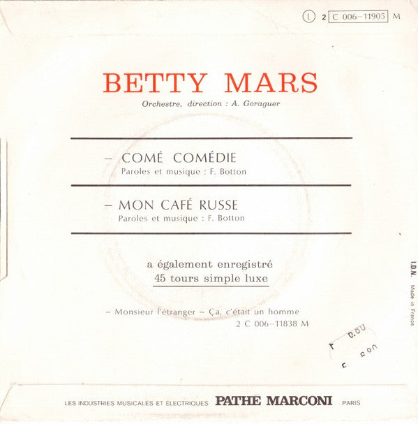 Betty Mars : Comé Comédie (Eurovision France) (7", Single)