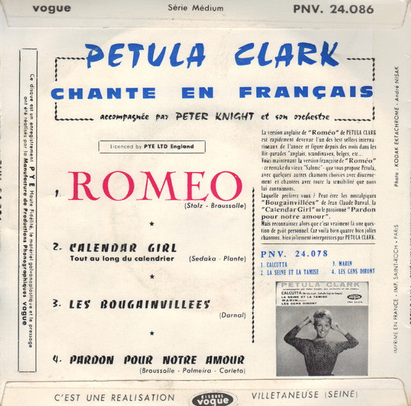 Petula Clark Accompagnée Par Peter Knight Et Son Orchestre* : Chante En Français Romeo (7", EP)