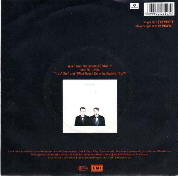 Pet Shop Boys : Rent (7", Single, EMI)