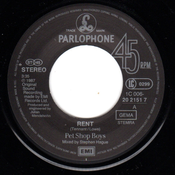 Pet Shop Boys : Rent (7", Single, EMI)