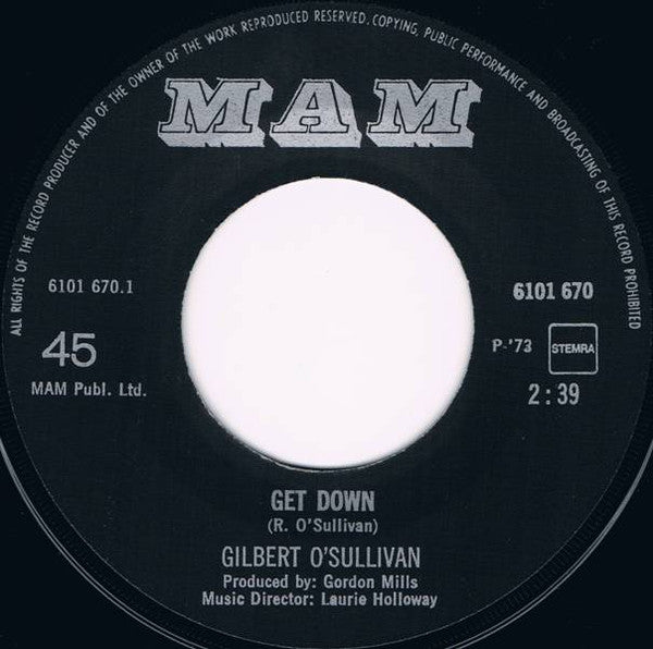 Gilbert O'Sullivan : Get Down (7", Single)