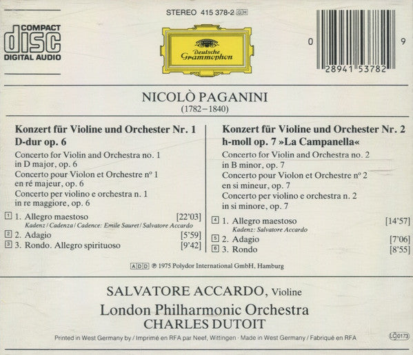 Niccolò Paganini - Salvatore Accardo, London Philharmonic Orchestra, Charles Dutoit : Violinkonzerte Nos. 1 & 2 (CD, Comp)