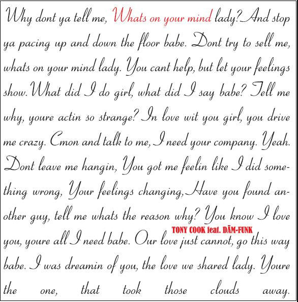 Tony Cook feat. Dam-Funk : What's On Your Mind (12")