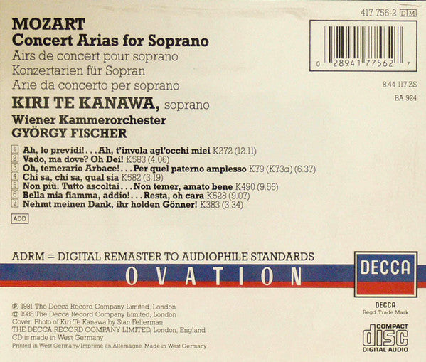 Wolfgang Amadeus Mozart - Kiri Te Kanawa, Wiener Kammerorchester, György Fischer : Concert Arias (CD, RE, RM)