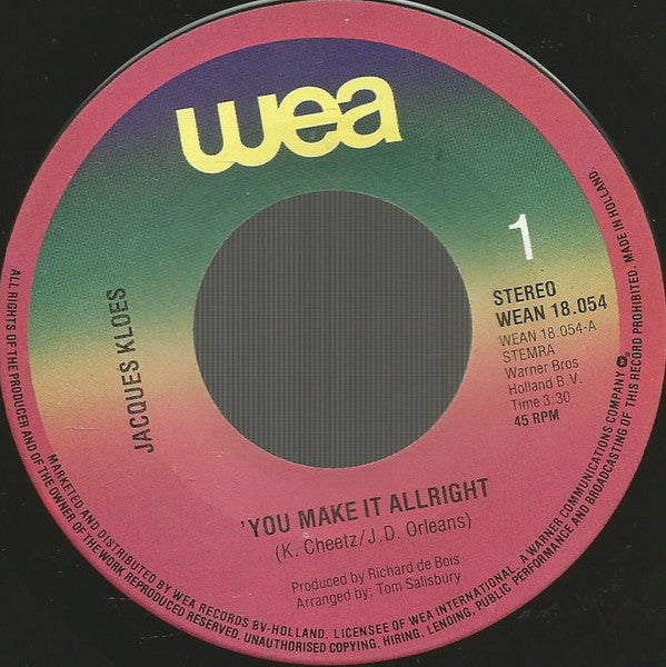 Jacques Kloes M.m.v. Patricia Paay : You Make It Alright (7", Single)