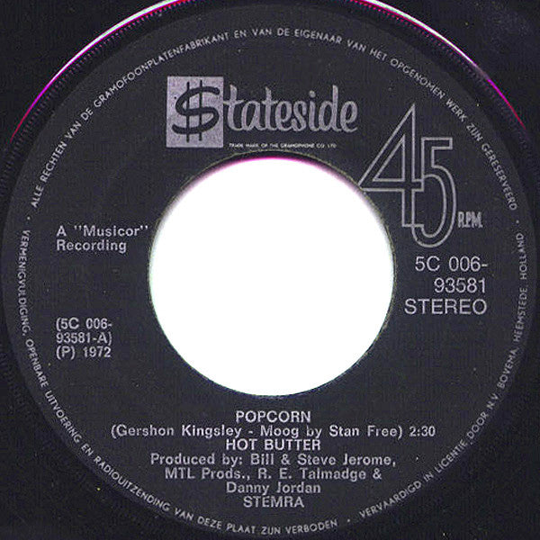 Hot Butter : Popcorn (7", Single, Yel)