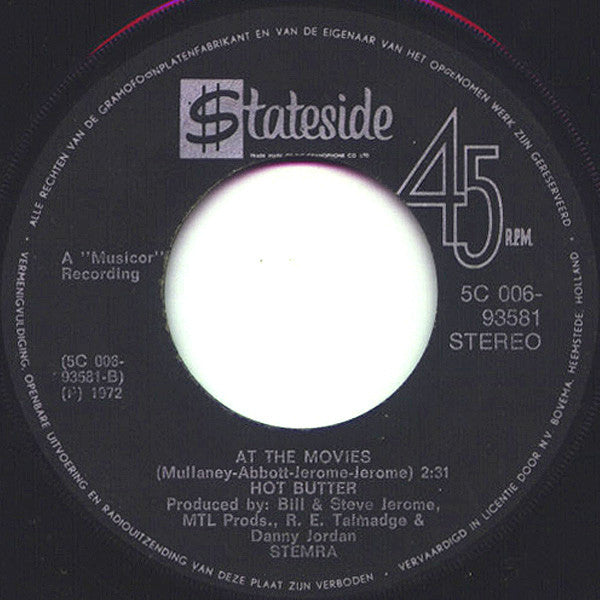 Hot Butter : Popcorn (7", Single, Yel)