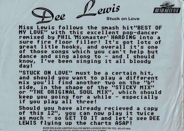 Dee Lewis : Stuck On Love (12", Single)