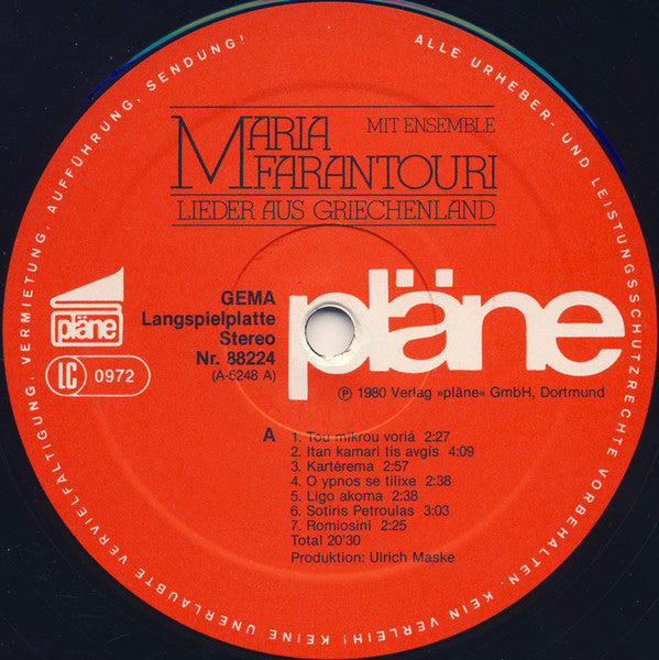 Maria Farandouri : Lieder Aus Griechenland (LP, Album)