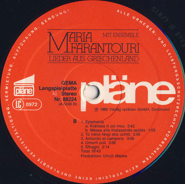 Maria Farandouri : Lieder Aus Griechenland (LP, Album)