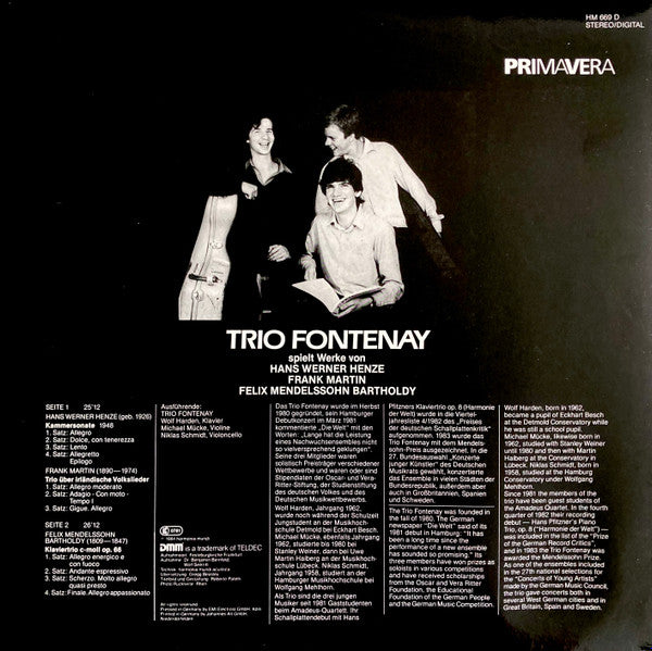 Hans Werner Henze, Frank Martin (3), Felix Mendelssohn-Bartholdy, Trio Fontenay : Kammersonate - Trio Über Irländische Volkslieder - Klaviertrio C-Moll Op. 66 (LP)