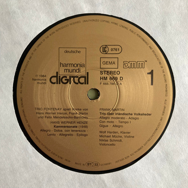 Hans Werner Henze, Frank Martin (3), Felix Mendelssohn-Bartholdy, Trio Fontenay : Kammersonate - Trio Über Irländische Volkslieder - Klaviertrio C-Moll Op. 66 (LP)