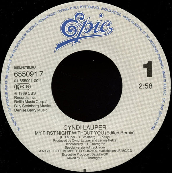 Cyndi Lauper : My First Night Without You (7", Single)