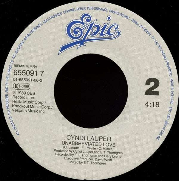 Cyndi Lauper : My First Night Without You (7", Single)