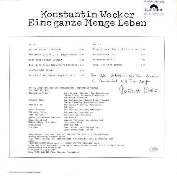 Konstantin Wecker : Eine Ganze Menge Leben (LP, Album)