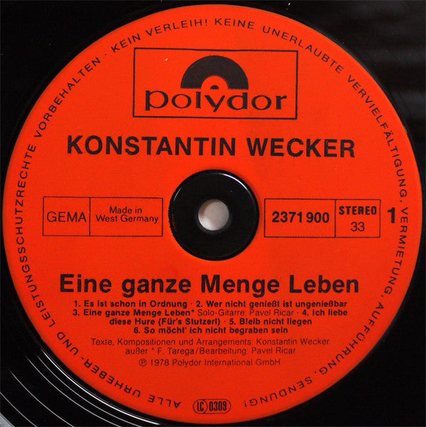 Konstantin Wecker : Eine Ganze Menge Leben (LP, Album)