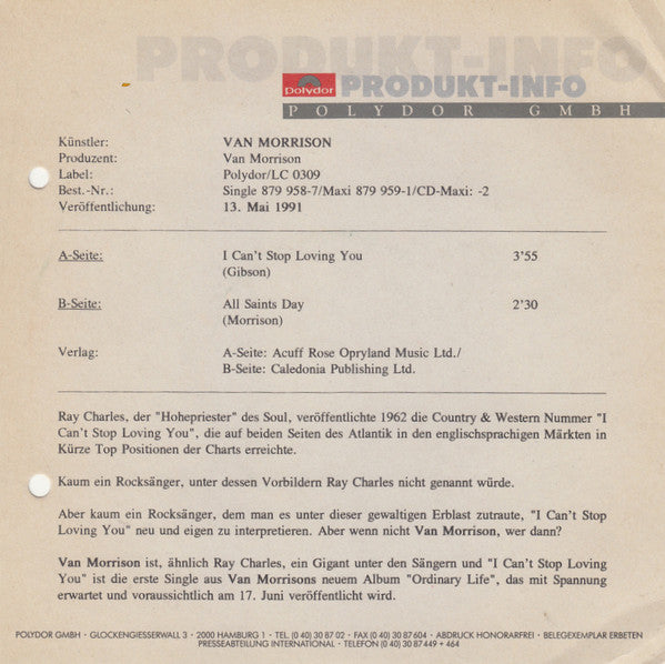 Van Morrison With The Chieftains : I Can't Stop Loving You (7", Single)