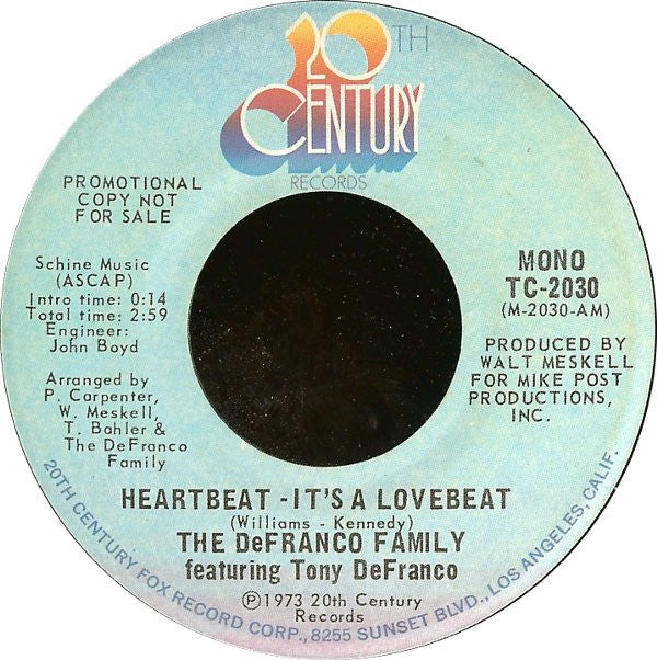 The DeFranco Family : Heartbeat - It's A Lovebeat (7", Mono, Promo)