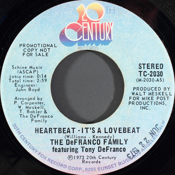 The DeFranco Family : Heartbeat - It's A Lovebeat (7", Mono, Promo)