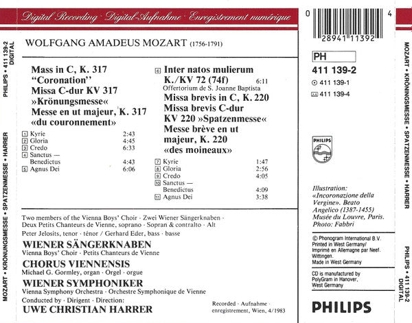 Wolfgang Amadeus Mozart · Die Wiener Sängerknaben = Die Wiener Sängerknaben · Chorus Viennensis · Wiener Symphoniker · Uwe Christian Harrer : Krönungsmesse = "Coronation Mass" In C Major, K. 317 / Spatzenmesse (CD, Album)