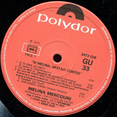 Melina Mercouri : Si Melina... M'Etait Contée (LP)