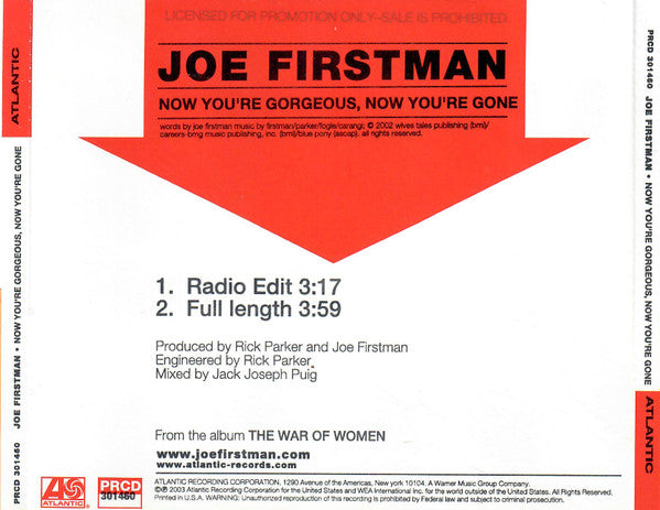 Joe Firstman : Now You're Gorgeous, Now You're Gone (CD, Single, Promo)