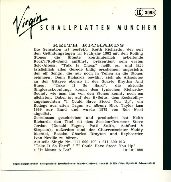 Keith Richards : Take It So Hard (7")