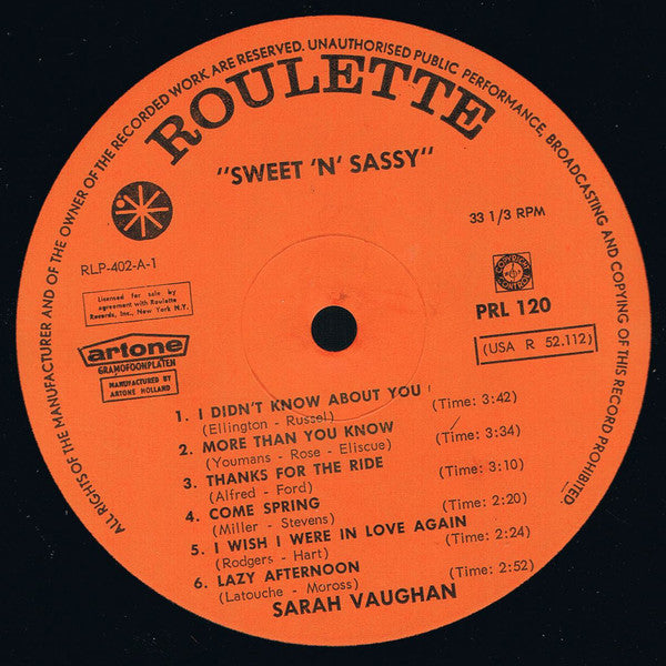 Sarah Vaughan : Sweet 'n' Sassy (LP, Album, Mono)