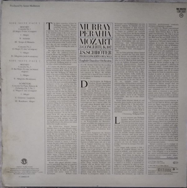 Murray Perahia, Wolfgang Amadeus Mozart, Johann Samuel Schröter, English Chamber Orchestra : 3 Concerti. K. 107 / Piano Concerto Op. 3, No. 3 (LP)