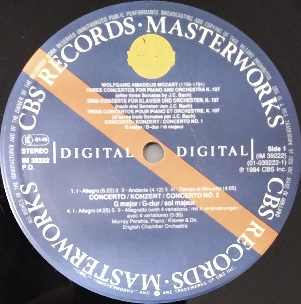 Murray Perahia, Wolfgang Amadeus Mozart, Johann Samuel Schröter, English Chamber Orchestra : 3 Concerti. K. 107 / Piano Concerto Op. 3, No. 3 (LP)