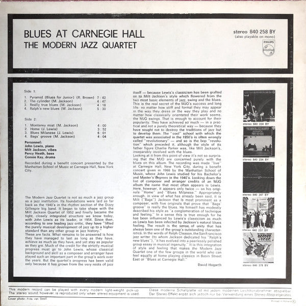 The Modern Jazz Quartet : Blues At Carnegie Hall (LP)
