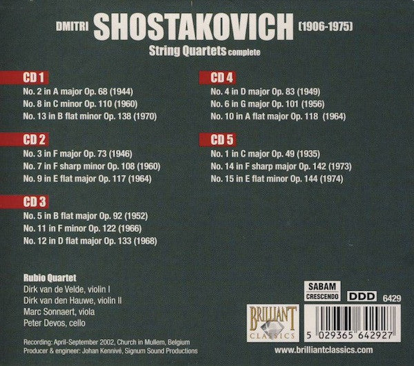 Dmitri Shostakovich, Rubio Quartet : String Quartets (Complete) (5xCD + Box)