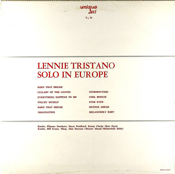 Lennie Tristano : Solo In Europe (LP, Album)