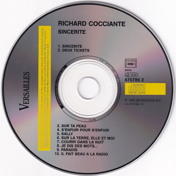 Riccardo Cocciante : Sincérité (CD, Album, RE, Yel)