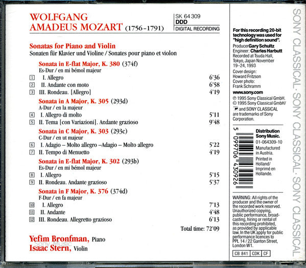 Wolfgang Amadeus Mozart - Isaac Stern, Yefim Bronfman : Sonatas For Piano & Violin K. 302, 303, 305, 376, 380 (CD, Album)