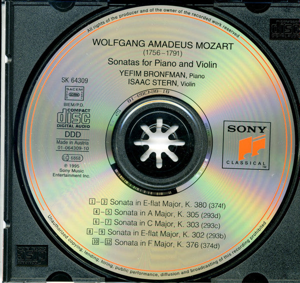 Wolfgang Amadeus Mozart - Isaac Stern, Yefim Bronfman : Sonatas For Piano & Violin K. 302, 303, 305, 376, 380 (CD, Album)