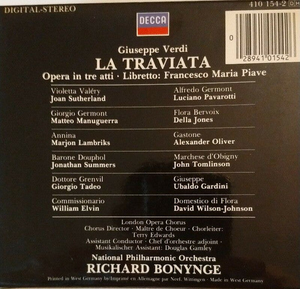 Giuseppe Verdi, Joan Sutherland, Luciano Pavarotti, Matteo Manuguerra, National Philharmonic Orchestra, Richard Bonynge : La Traviata (3xCD, Album, RE + Box, Sli)